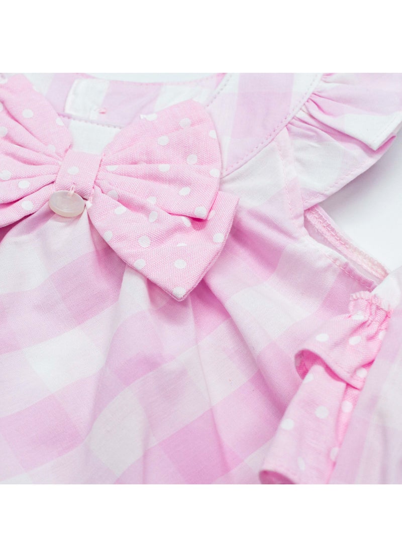 Moon فستان وبلومر قطن 100% من MOON 0-3 أشهر باللون الوردي - قماش مربعات وردية - Image 4