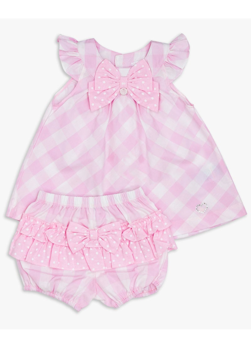 Moon فستان وبلومر قطن 100% من MOON 0-3 أشهر باللون الوردي - قماش مربعات وردية - Image 1