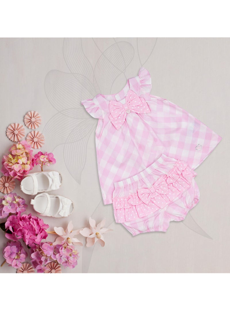 Moon فستان وبلومر قطن 100% من MOON 0-3 أشهر باللون الوردي - قماش مربعات وردية - Image 5