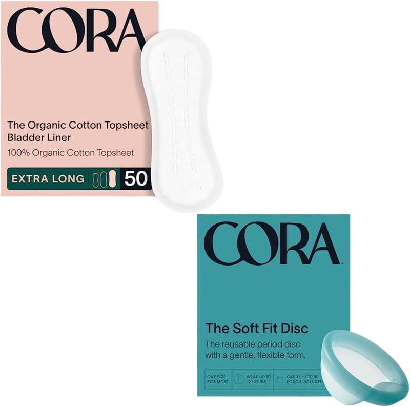 Cora Organic Feminine Care  50 Extra Long Bladder Liners Incontinence  Postpartum Pads and a Reusable Soft Menstrual Disc  Medical Grade Silicone  EcoConscious  Bundle Pack - Image 1