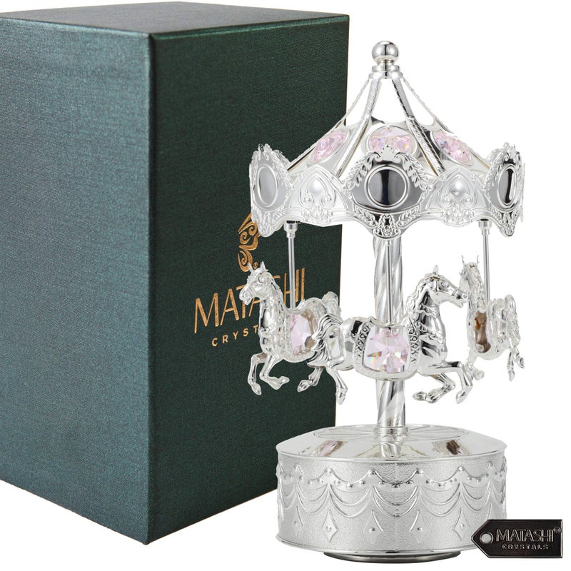 matashi Matashi Tabletop Crystal Studded Music Box Carousel wHorses Figurine  Silver Plated Decorative Showpiece  Unique Idea for Mothers Day Valentines  Gift for Mom Wife Grandma  Its A Small World 