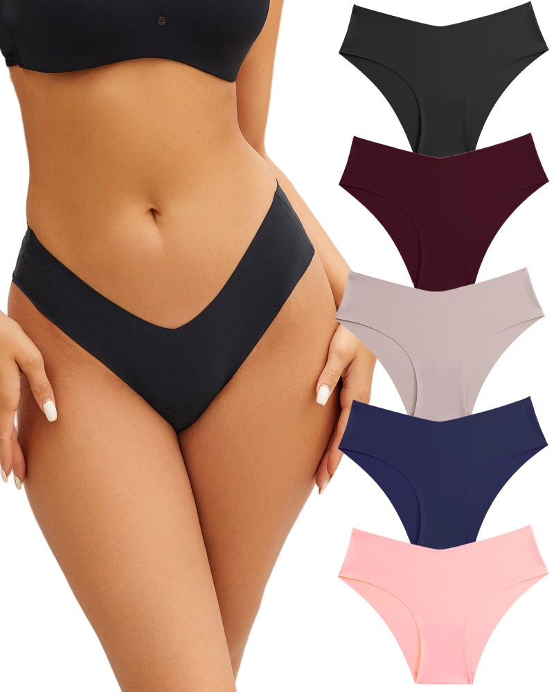 FINETOO Womenâ€™s Seamless Underwear Soft Stretch Briefs Invisibles Hipster V Cut cheeky No Show Bikini Panties 5 pack XS-L (M) - Image 1