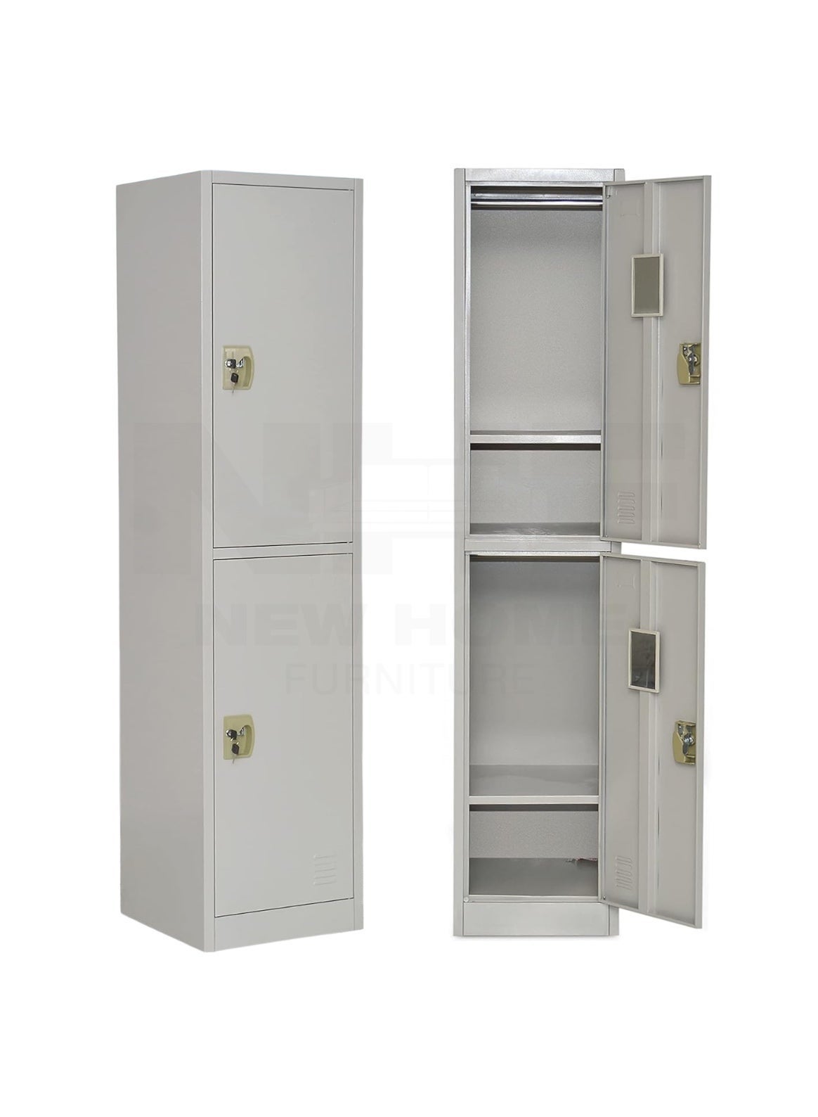 New Home Furniture, NHF-2T Metal Locker Cabinet, Grey, H185x W40x D45cm, 2-Door with Lock and Keys, Steel Storage with Shelves and Ventilation