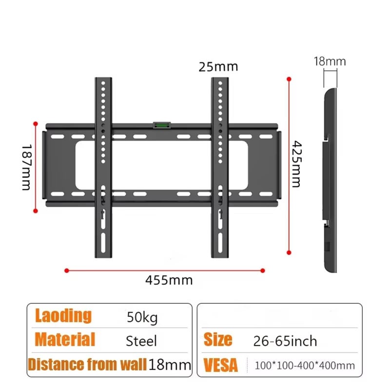 Universal Fixed TV Wall Mount Bracket Black Supports 26 to 65 Inch Flat Curved Screens - Image 3
