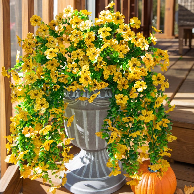 HyeFlora Artificial Hanging Flowers for Outdoors Decoration, 2pcs Fake Daisy with Eucalyptus Leaves for Garden Yard Porch (Yellow) - Image 1