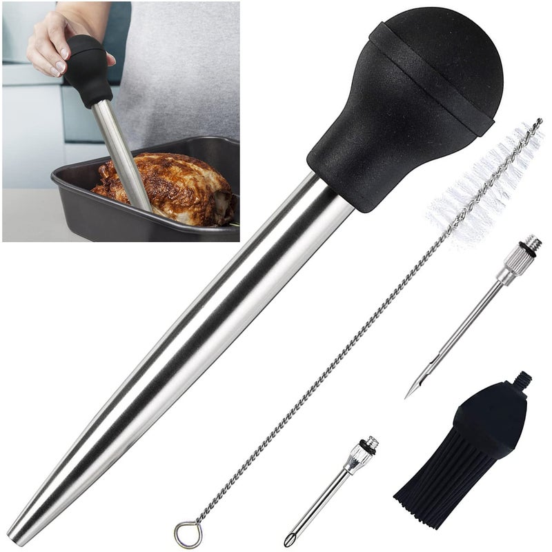 KAYCROWN Best Utensils Stainless Steel Turkey Baster Commercial Grade Quality Rubber Bulb Including 2 Marinade Injector Needles And Silicone Basting Brush
