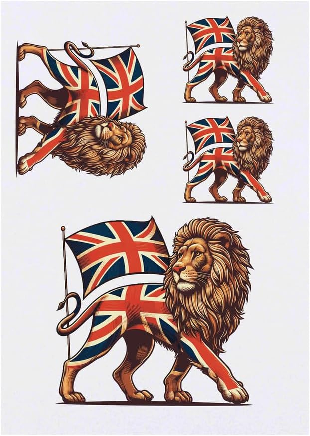 4 x Lion With Union Jack Temporary Tattoos Water Resistant SkinSafe NonToxic Transfers Mixed Sizes TO00079876