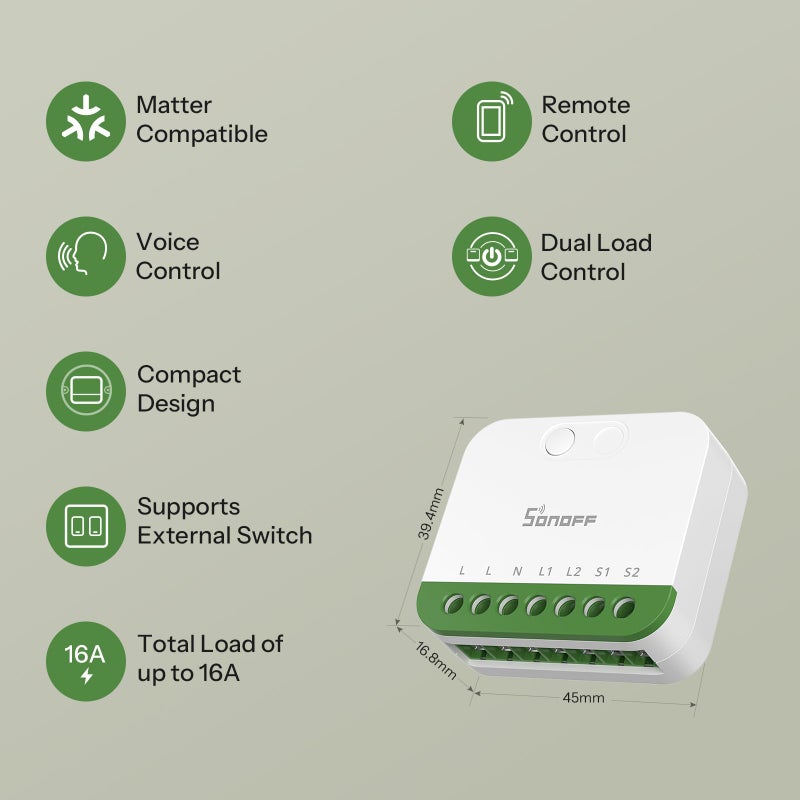 SONOFF MINI Duo (Matter Over WiFi) 2 - Channel WiFi Smart Switch, Matter - Enabled, 16A Total Load, Compact for Standard Boxes, Remote & Automated Control - Image 3