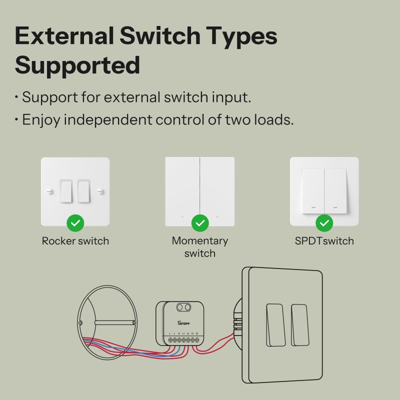 SONOFF MINI Duo (Matter Over WiFi) 2 - Channel WiFi Smart Switch, Matter - Enabled, 16A Total Load, Compact for Standard Boxes, Remote & Automated Control - Image 5