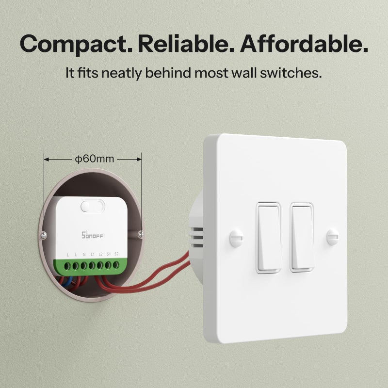 SONOFF MINI Duo (Matter Over WiFi) 2 - Channel WiFi Smart Switch, Matter - Enabled, 16A Total Load, Compact for Standard Boxes, Remote & Automated Control - Image 2