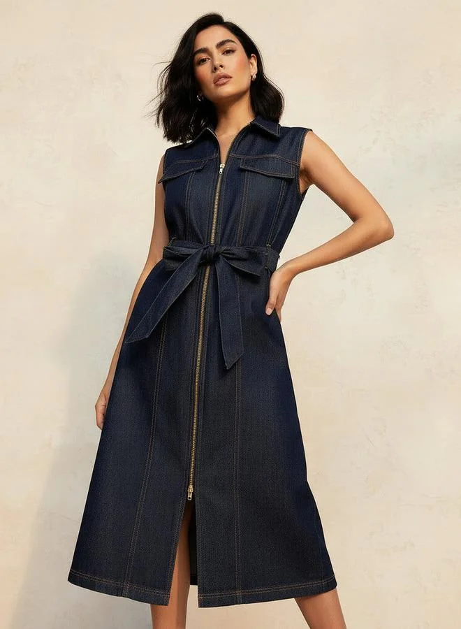 Sleeveless Midi Denim Dress with Zip Closure