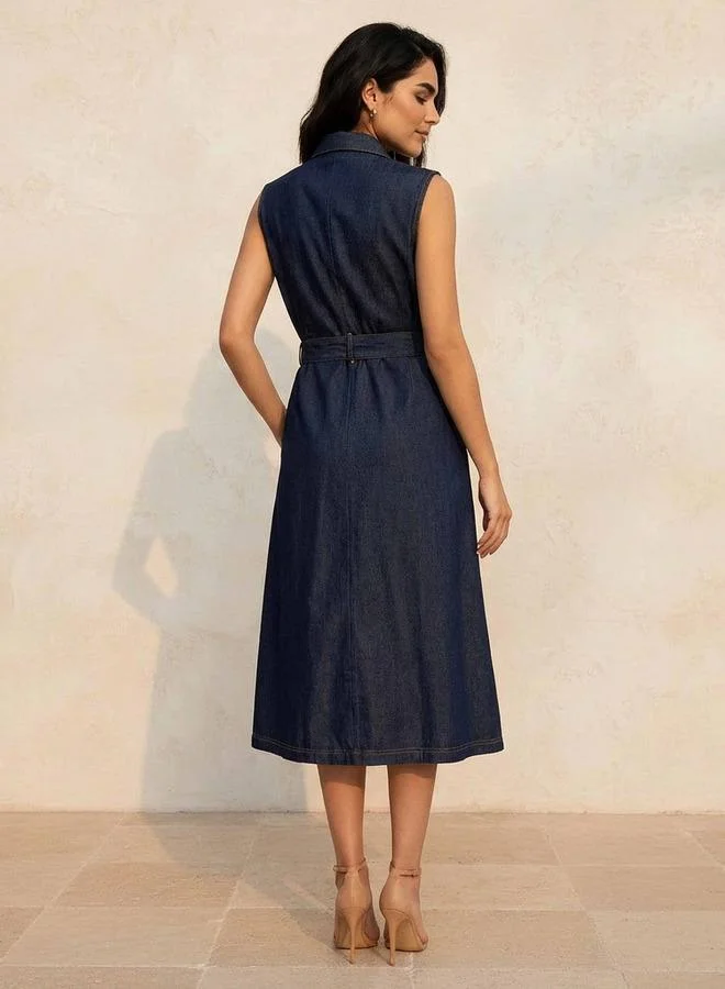 Splash FAV BLUE Sleeveless Midi Denim Dress with Zip Closure for Women | Best Price UAE