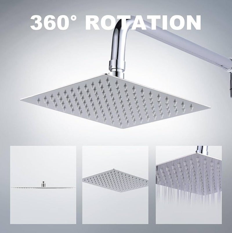رأس دش مطري مربع من الكروم بزاوية 360 درجة – 30 × 30 سم رذاذ شلال حديث غير لامع - Image 1