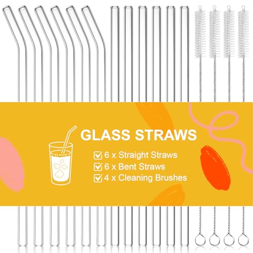 CEDIDJAC 16 PCS Reusable Glass Straws Set 6 Straight & 6 Bent Clear Drinking Straws (8.5''x10mm) with 4 Cleaning Brushes，Perfect for Smoothies, Milkshakes, Coffee, Juice, Milk, Cocktails - Image 1