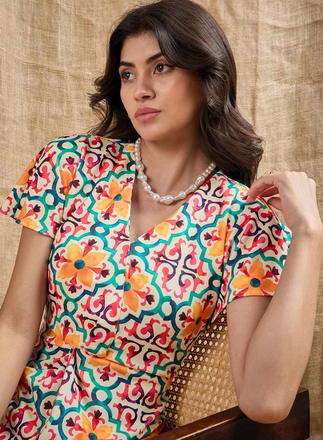 SASSAFRAS Printed V-neck Dress