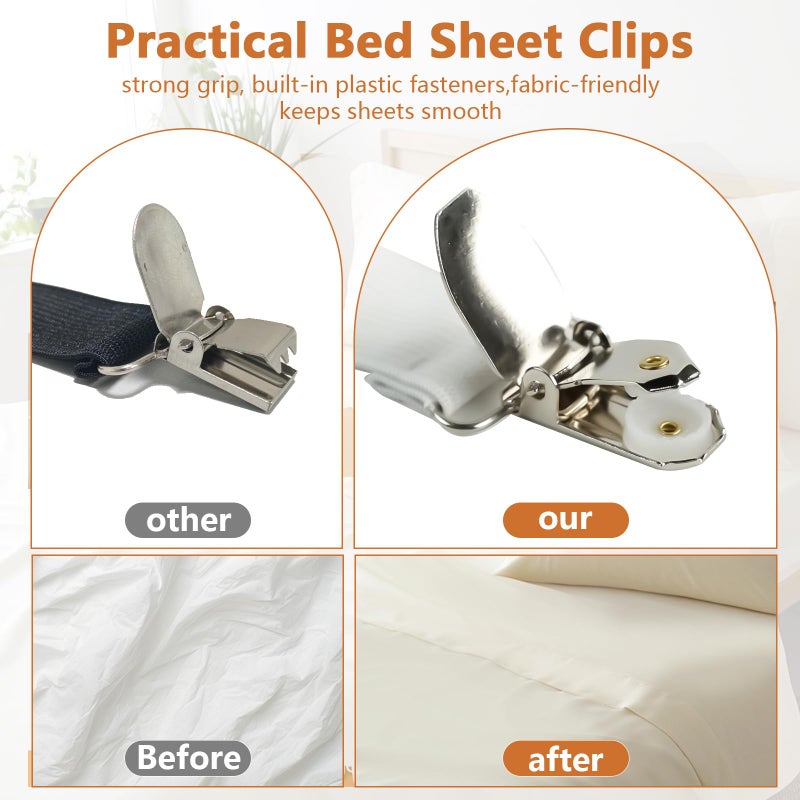 LKbeuuu 4PCS Bed Sheet Straps with Metal Clips, Adjustable Elastic Fitted Sheet Holders for Corners, Keep Bedding Wrinkle-Free, Easy to Install Durable Fasteners, Mattresses (White) - Image 5