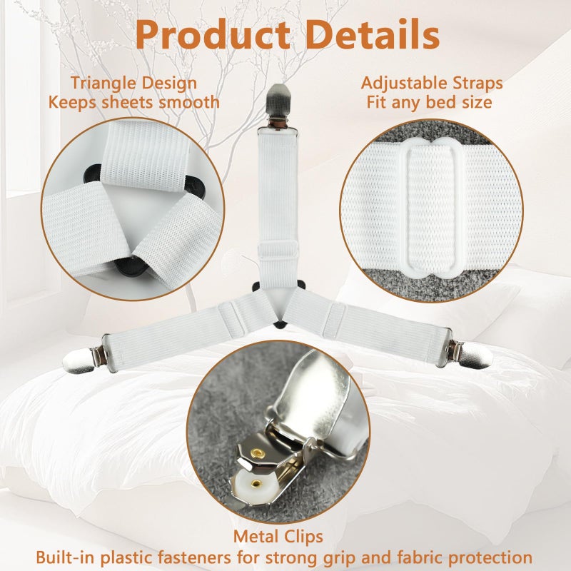 LKbeuuu 4PCS Bed Sheet Straps with Metal Clips, Adjustable Elastic Fitted Sheet Holders for Corners, Keep Bedding Wrinkle-Free, Easy to Install Durable Fasteners, Mattresses (White) - Image 3