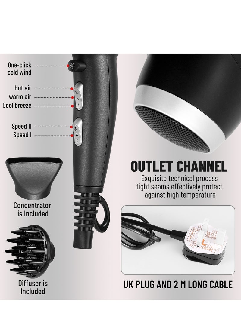 Klovvy Hair Dryer with Diffuser, 2200W Powerful Hair Dryer with Diffuser and Concentrator heads, 2 Speed Settings, 3 Heat Settings, Frizz Control with Ionic Function - Image 3