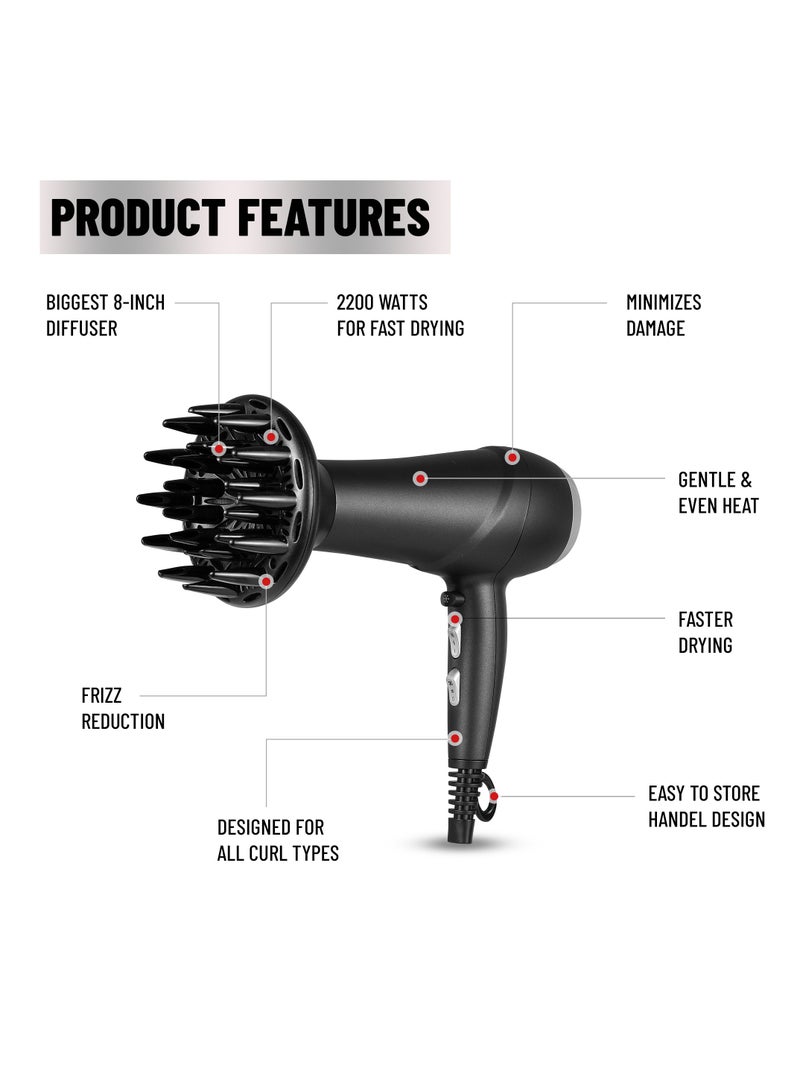 Klovvy Hair Dryer with Diffuser, 2200W Powerful Hair Dryer with Diffuser and Concentrator heads, 2 Speed Settings, 3 Heat Settings, Frizz Control with Ionic Function - Image 2