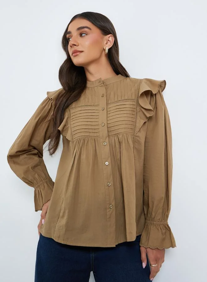 Styli Brown Ruffle Detail Pintuck Blouse