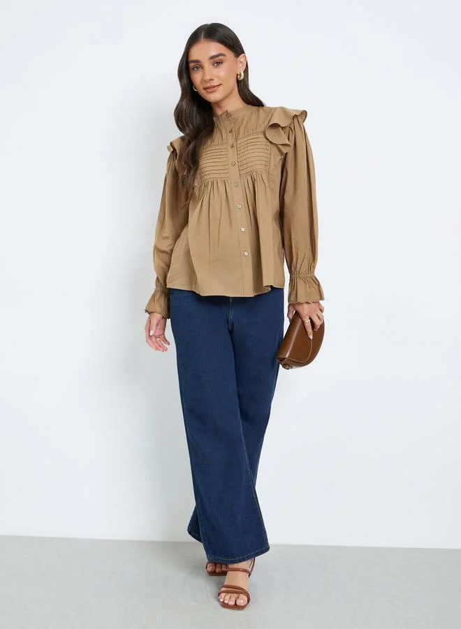 Styli Brown Ruffle Detail Pintuck Blouse