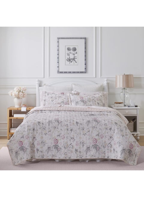 Laura Ashley  Queen Quilt Set Reversible Cotton Bedding with Matching Shams Lightweight Home Decor for All Seasons Breezy Floral PinkGrey Queen