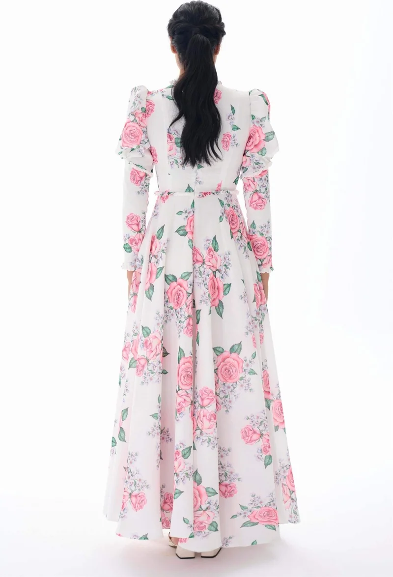 Miha White Dress with Puffy Sleeves and Floral Pattern