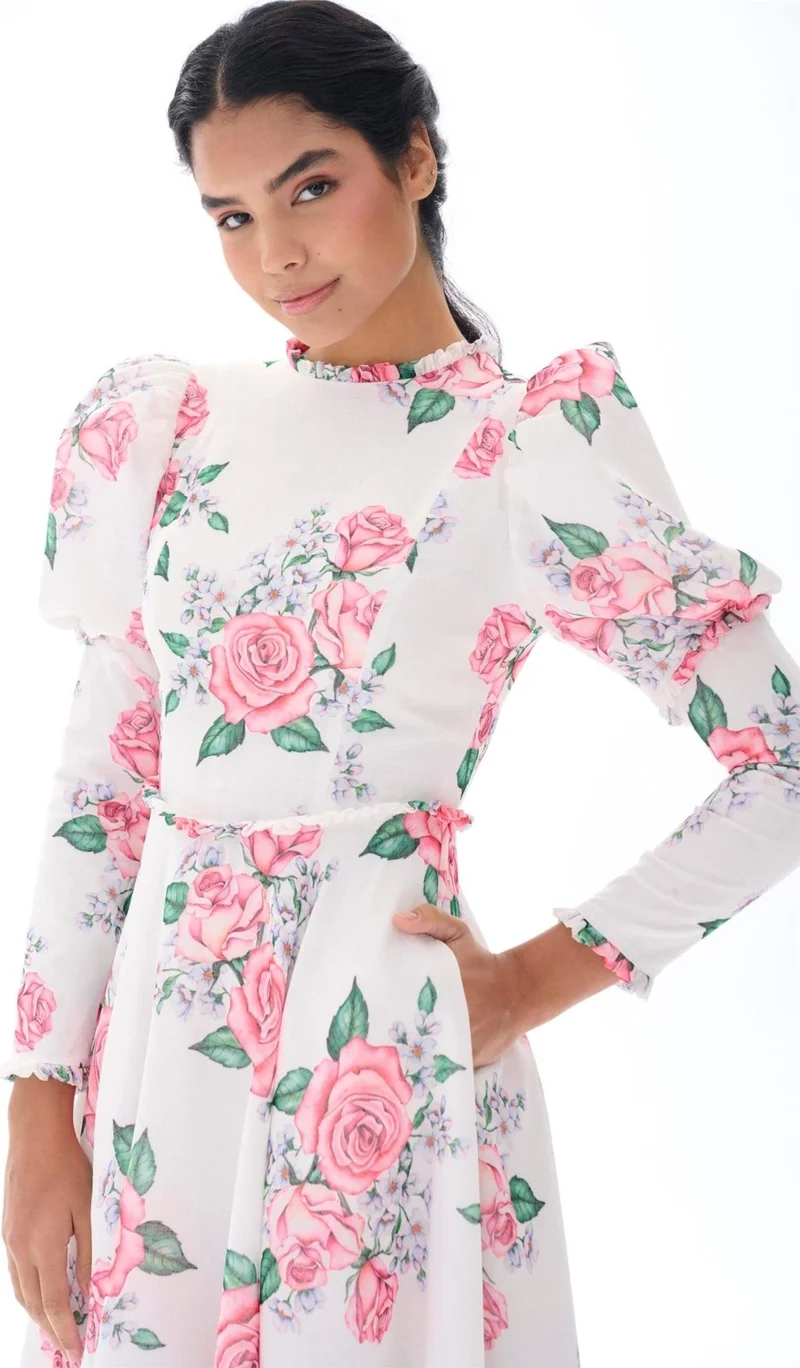 Miha White Dress with Puffy Sleeves and Floral Pattern