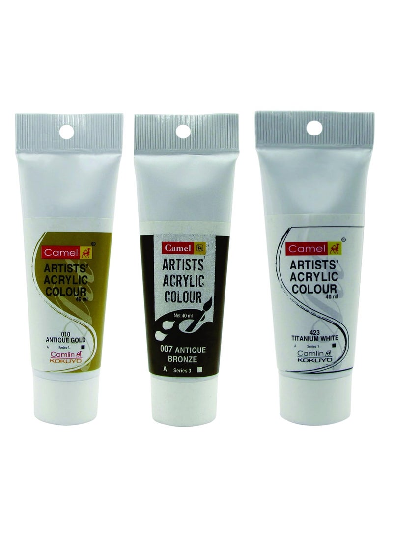 camel Camlin Kokuyo Acrylic Tubes Antique Bronze, Antique Gold and Titanium White (40ml) 