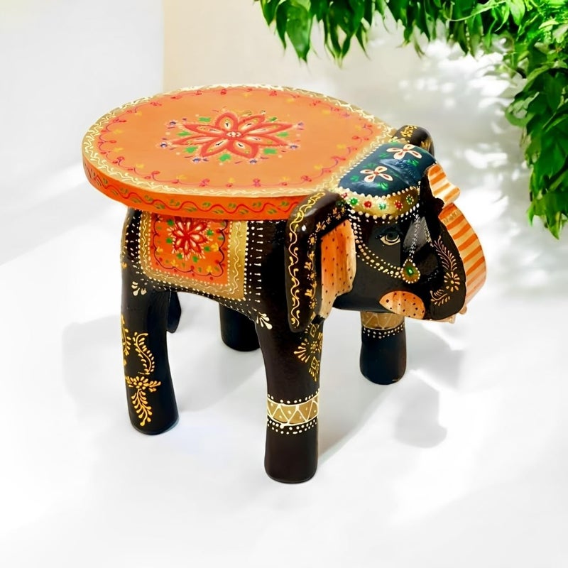 RHEA STORE Handcrafted Wooden Elephant Stool for Table Decoration Mini Decorative Stool with Traditional Rajasthani Art Unique Home Office Decor Modern Classic Interiors Orange Black