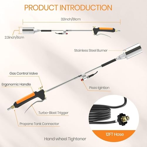 CALPOSE Propane Torch Weed Burner, Propane Weed Torch High Output 400,000BTU with 12FT Hose, Weed Torch with Flame Control and Button Igniter for Garden Wood Roofing Snow Road Charcoal Start - Image 4