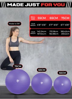 FIT TRIBE Yoga Ball with Air Pump - Anti-Burst, Slip-Resistant Exercise Ball for Gym Pilates, Balance Training, Stability, and Pregnancy - Supports 500KG, Fitness Gym Equipment (Purple)  - Image 4