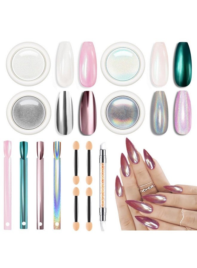 modelones Chrome Powder For Nails 4 Pcs, Magic White Pearl Chrome Nail Powder Kit Mirror Effect Chrome Powder Holographic Nail Powder Pigment Glitter Nail Powder Nailr Art Decoration - Image 1