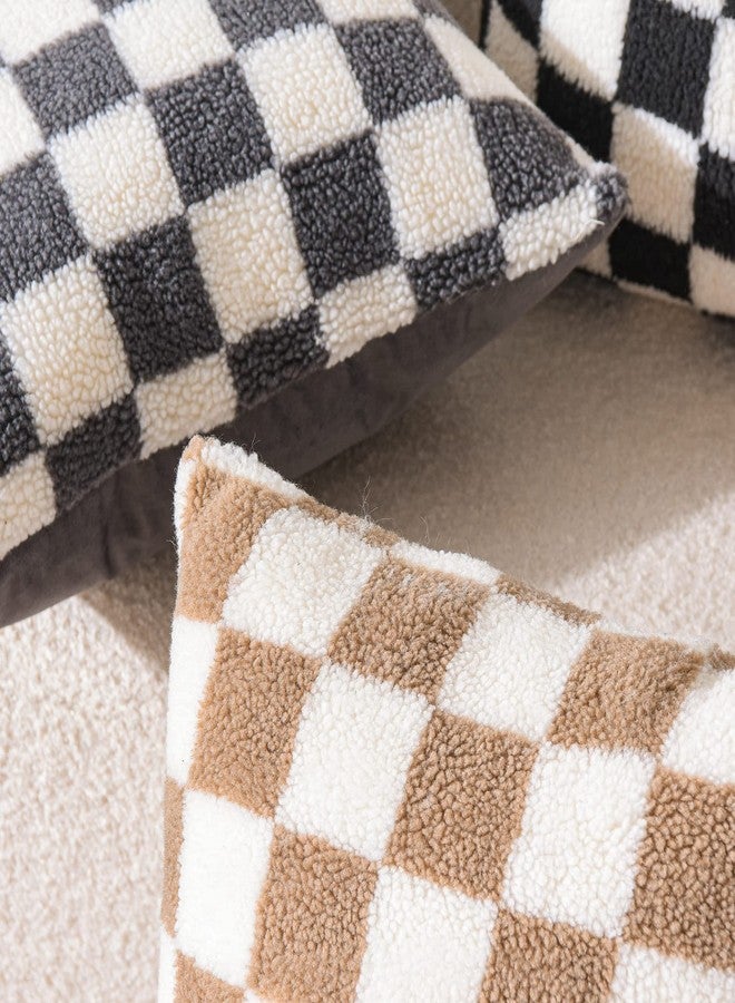 WACOMECO Decorative Throw Pillow Covers - Soft Sherpa Checkerboard Cushion Covers Faux Fur Pillow Cases for Sofa Bedroom Livingroom Car, 18 x 18 in, Khaki and Off White - Image 4