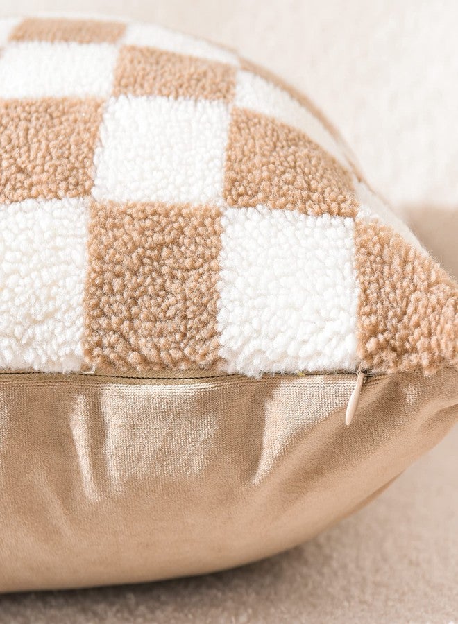 WACOMECO Decorative Throw Pillow Covers - Soft Sherpa Checkerboard Cushion Covers Faux Fur Pillow Cases for Sofa Bedroom Livingroom Car, 18 x 18 in, Khaki and Off White - Image 5