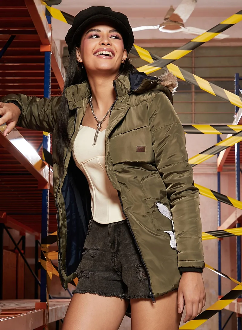 Women's Olive Green Zip-Front Puffer Jacket With Detachable Hood