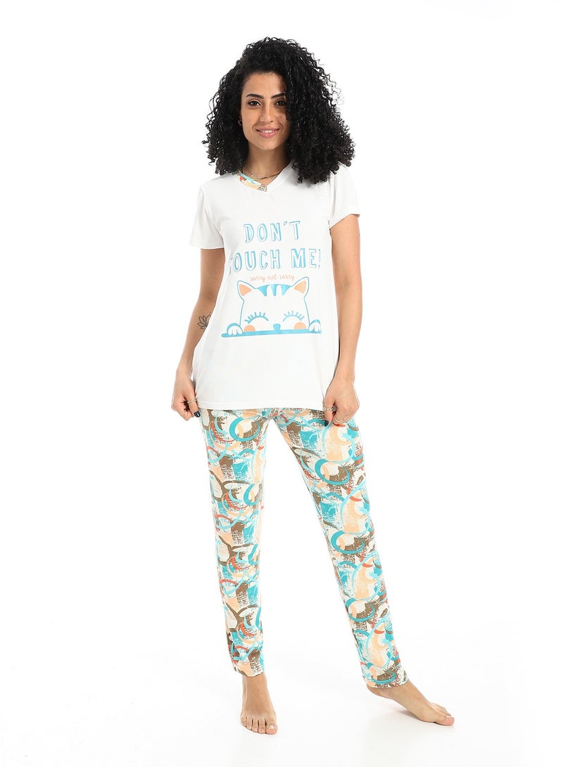 سيزار بيجامة حريمي صيفي نصف كم مزودة بطباعات من الصدر - Image 1