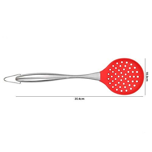 we3 Kitchen Silicone Skimmer Slotted Spoon-Cooking Utensils with Heat Resistant Silicone Covering Head and Stay-Cool Stainless Steel Handle|35.4cm L & 10.3cm W Steel Skimmer| (RED) - Image 4