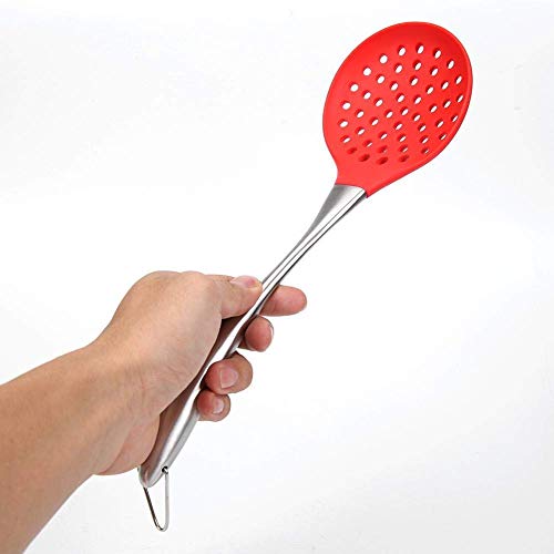 we3 Kitchen Silicone Skimmer Slotted Spoon-Cooking Utensils with Heat Resistant Silicone Covering Head and Stay-Cool Stainless Steel Handle|35.4cm L & 10.3cm W Steel Skimmer| (RED) - Image 3