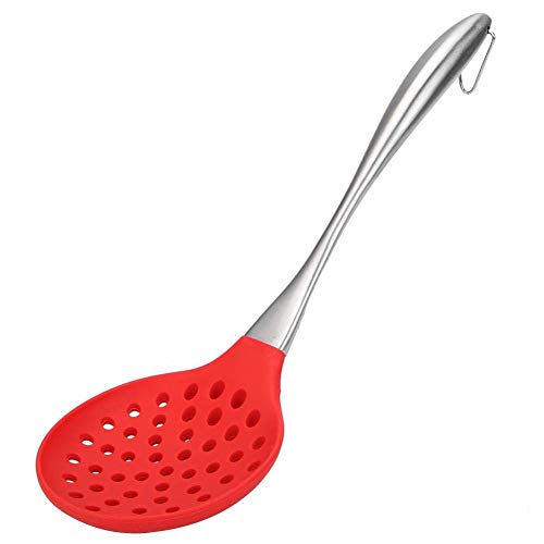we3 Kitchen Silicone Skimmer Slotted Spoon-Cooking Utensils with Heat Resistant Silicone Covering Head and Stay-Cool Stainless Steel Handle|35.4cm L & 10.3cm W Steel Skimmer| (RED) - Image 1