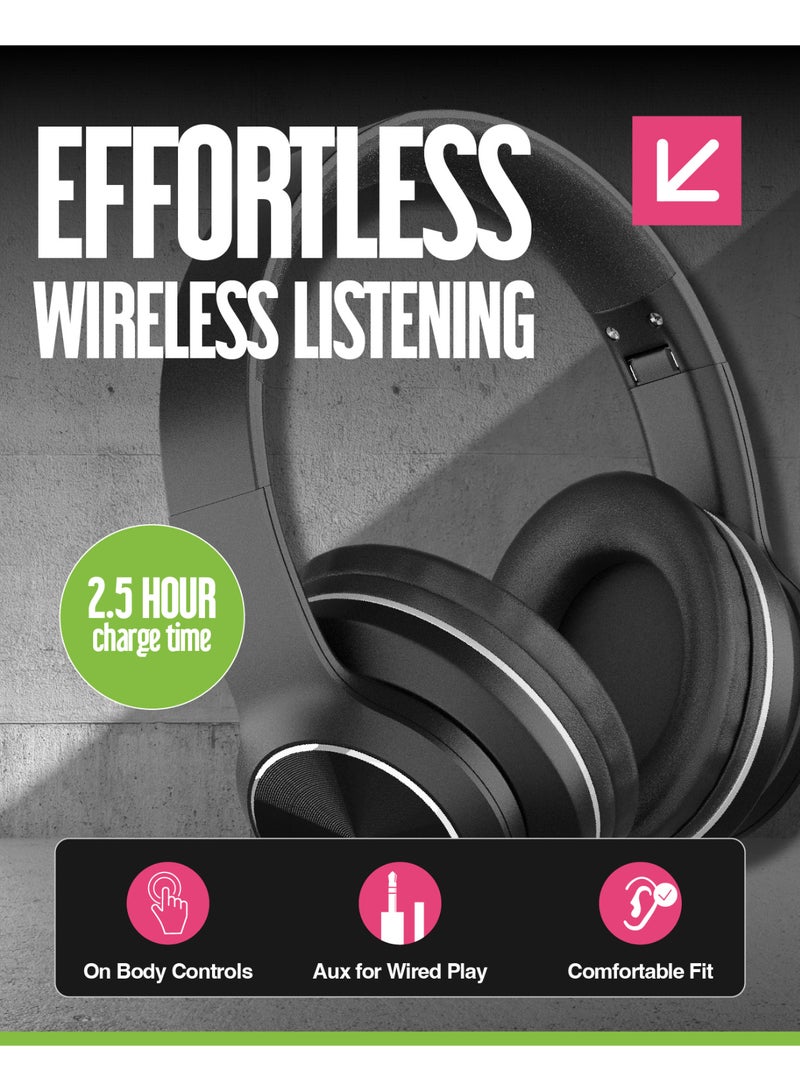 JUICE Wireless Headphones, 16Hr Playtime, Clearer hands-free calling, Foldable Lightweight Headset, Noise Cancelling Headphones, Wireless Over-Ear Bluetooth, AUX Cable for Wired Use – Black - Image 5