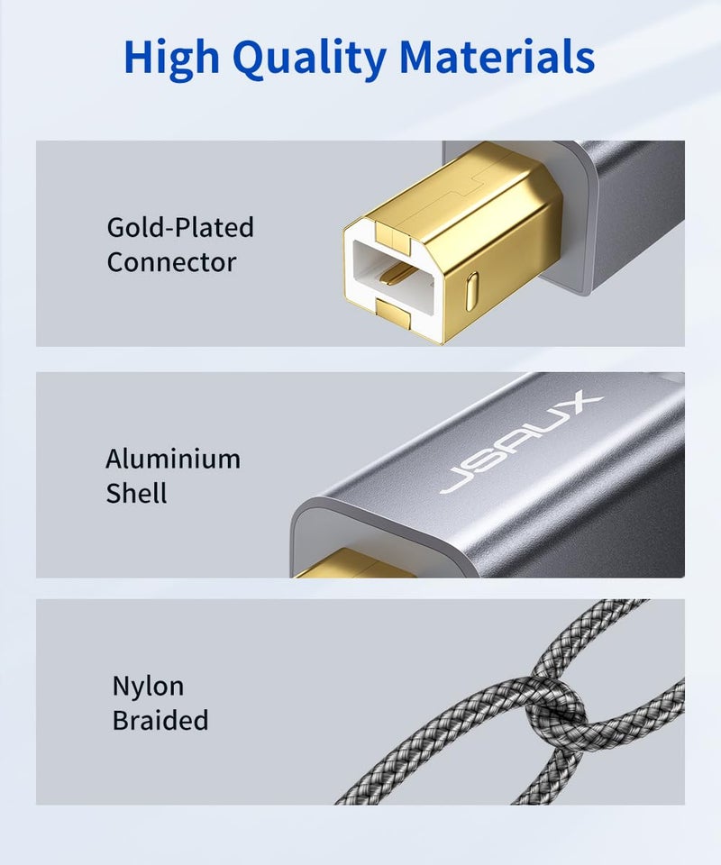 كابل طابعة JSAUX، كابل طابعة USB 2.0 بطول 6.6 قدم من نوع A ذكر إلى B ذكر، كابل ماسح ضوئي عالي السرعة، متوافق مع HP, Canon, Dell, Epson, Lexmark, Xerox, Samsung والمزيد (رمادي) - Image 4