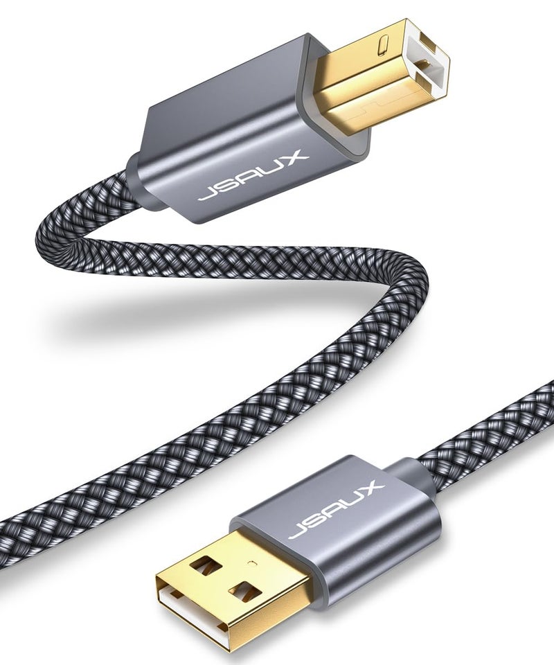 كابل طابعة JSAUX، كابل طابعة USB 2.0 بطول 6.6 قدم من نوع A ذكر إلى B ذكر، كابل ماسح ضوئي عالي السرعة، متوافق مع HP, Canon, Dell, Epson, Lexmark, Xerox, Samsung والمزيد (رمادي) - Image 1