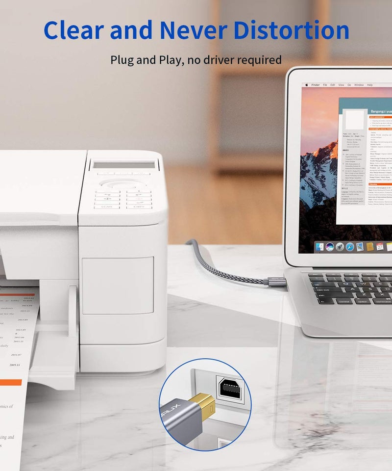 كابل طابعة JSAUX، كابل طابعة USB 2.0 بطول 6.6 قدم من نوع A ذكر إلى B ذكر، كابل ماسح ضوئي عالي السرعة، متوافق مع HP, Canon, Dell, Epson, Lexmark, Xerox, Samsung والمزيد (رمادي) - Image 3