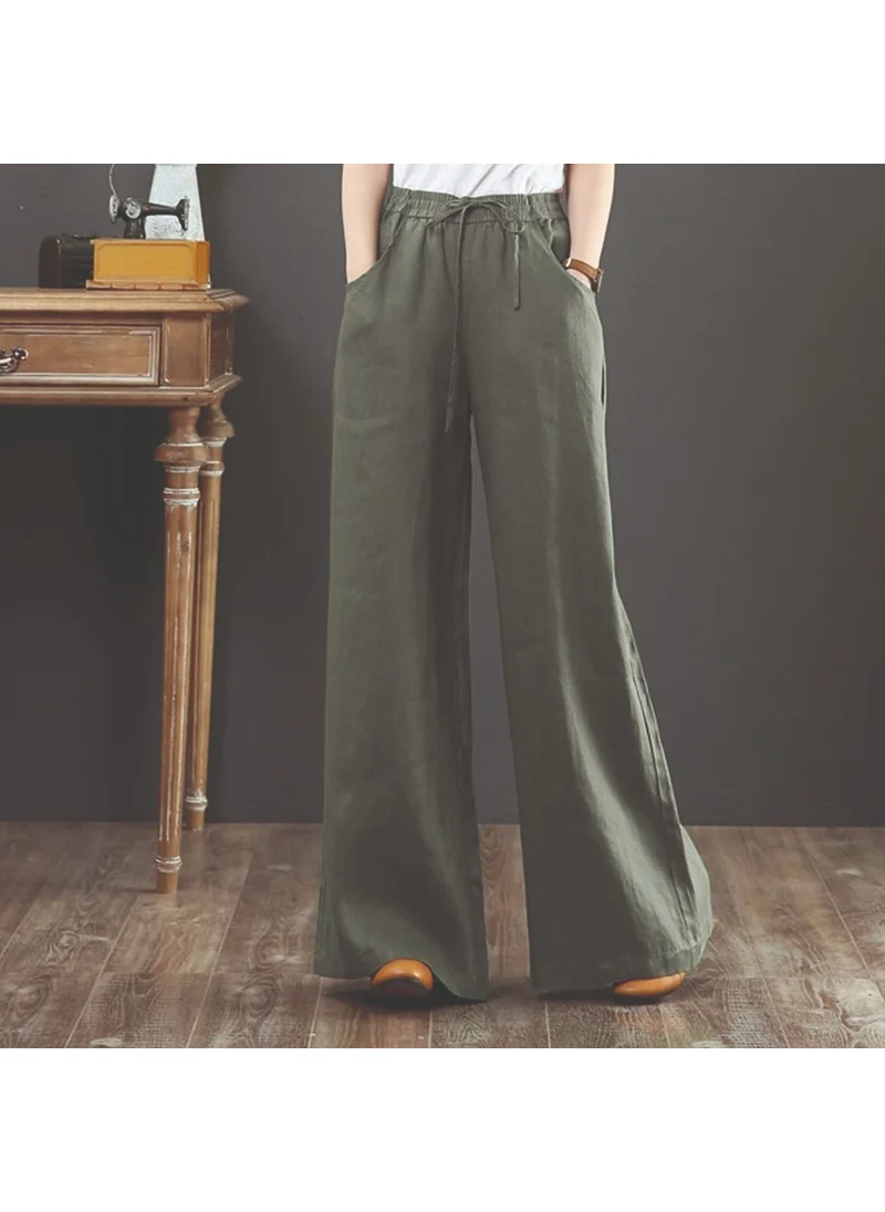 Barbora Linen Casual Trousers with Elastic Waistband and Lace-Up LN12HAKI7