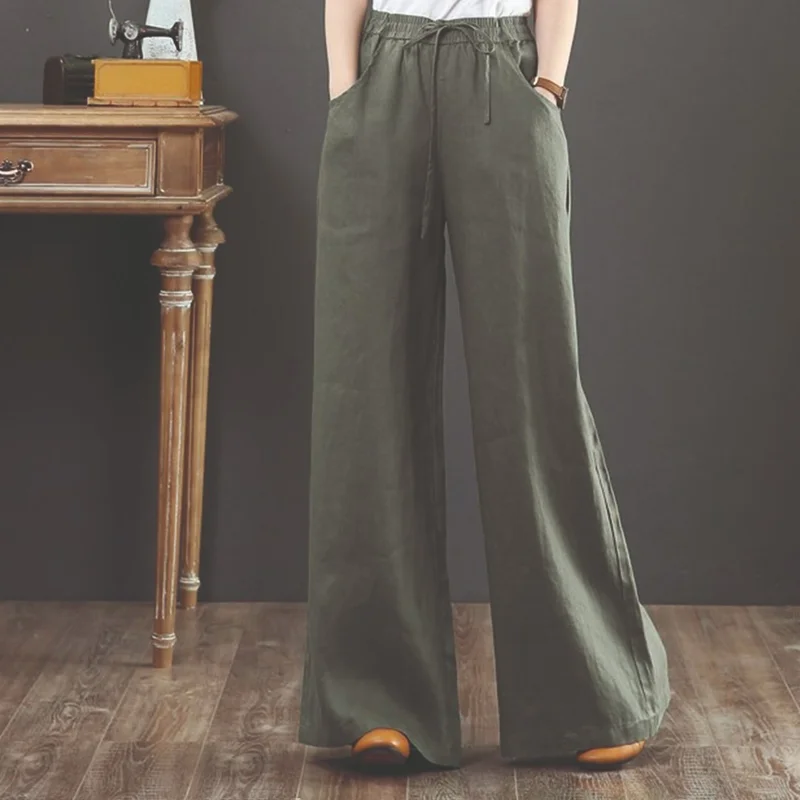 Barbora Linen Casual Trousers with Elastic Waistband and Lace-Up LN12HAKI7