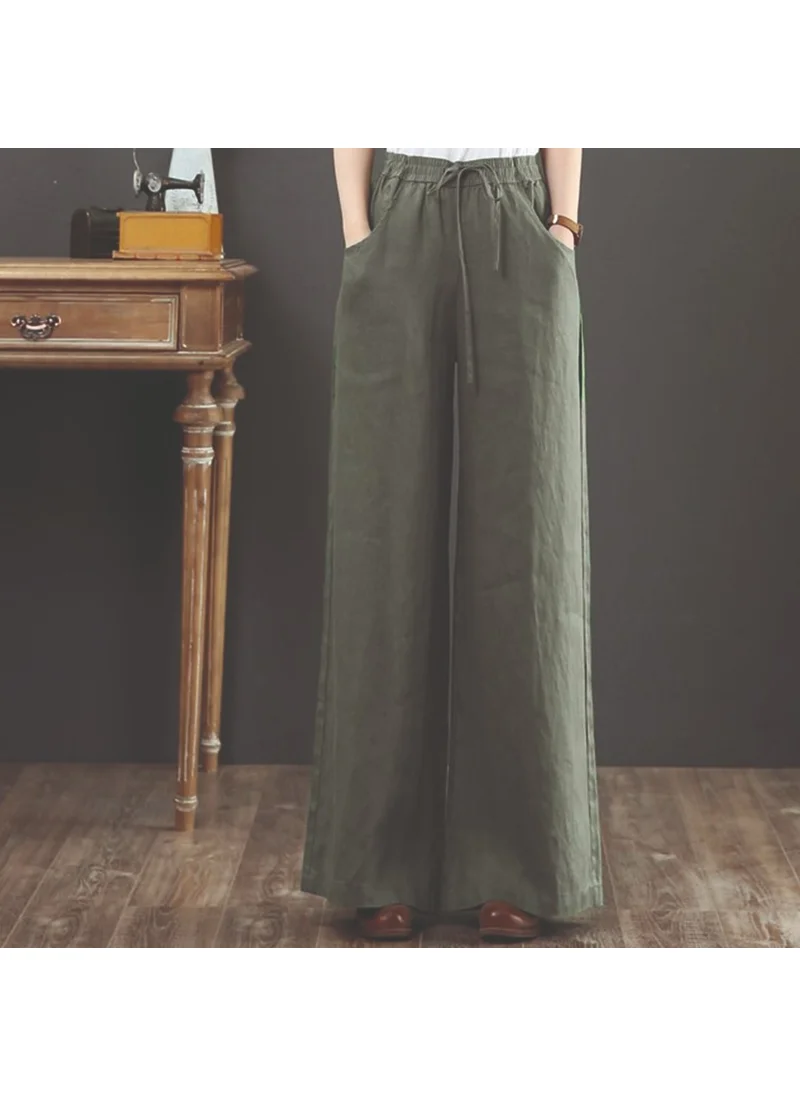 Barbora Linen Casual Trousers with Elastic Waistband and Lace-Up LN12HAKI7