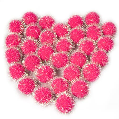 VAPKER 30 Pcs Cat Ball Toys Sparkle Balls Extra Large 2 Inch Cats Favorite Chase Glitter Ball Glitter Tinsel Pom Poms Balls Hot Pink Color - Image 1