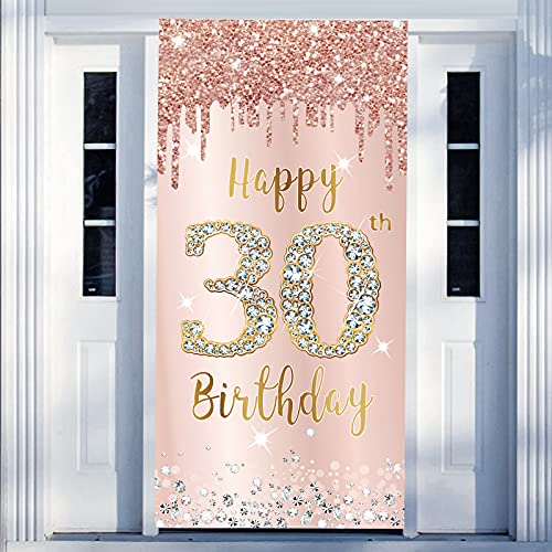 Excelloon Happy 30th Birthday Door Banner Backdrop Decorations for Her Pink Rose Gold 30 Birthday Party Door Cover Sign Supplies Thirty Year Old Birthday Poster Background Decor - Image 1