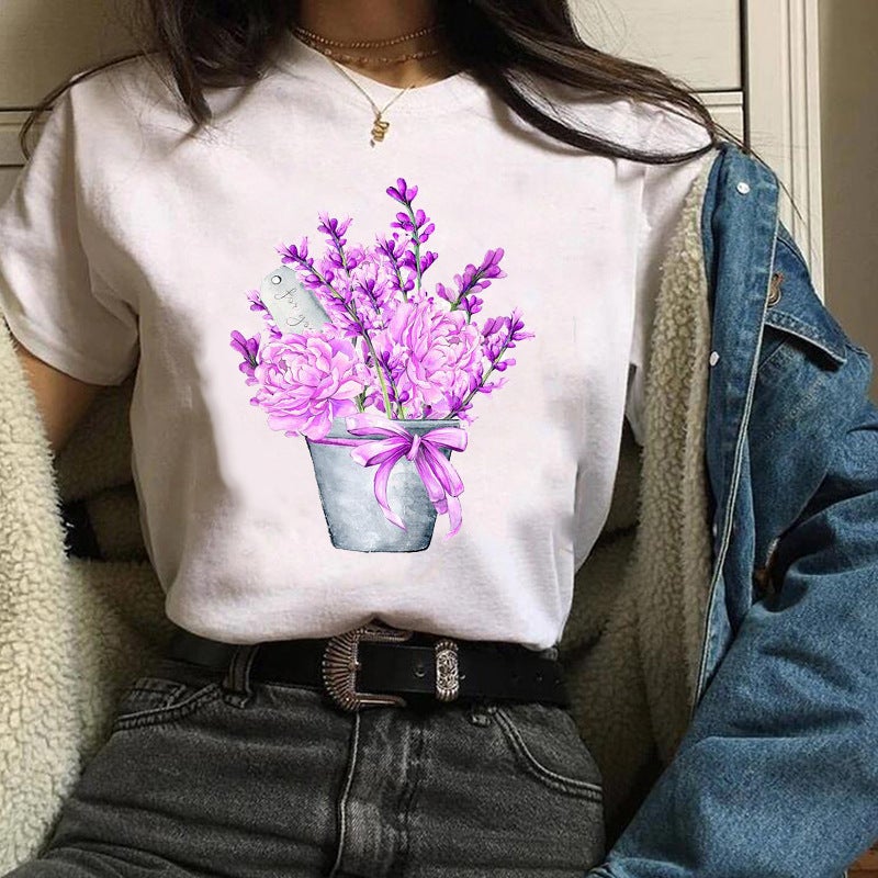 2023 Fashion Flowers Urban Shrimp Crewneck Printed White T-Shirt Short Sleeve Women'S - Image 1